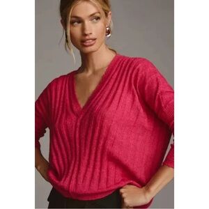 Anthropologie Pilcro V-Neck Boxy Rib Wool Blend Sweater in Pink
